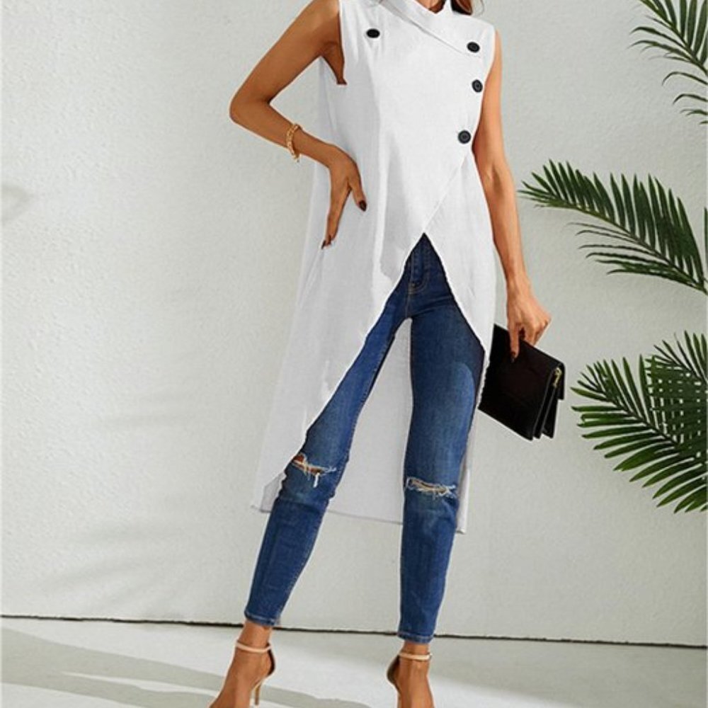 Button-Front Wrap Asymmetric Hi-Low Top - Women XXL